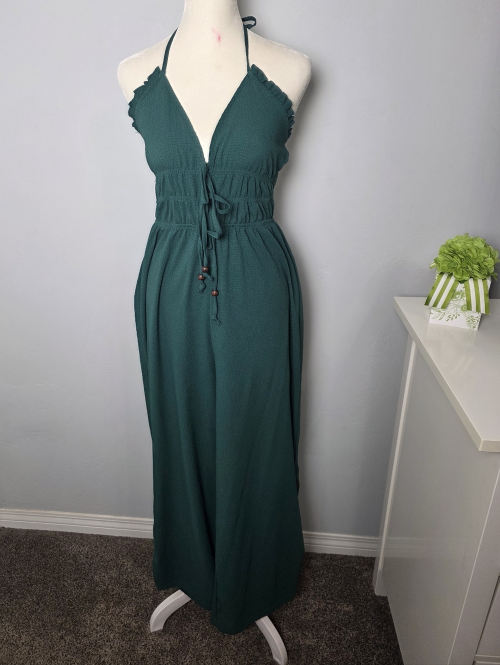Green Halter Jumpsuit Open Back Tie Waist Wide Leg Adjustable Strap Size S